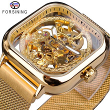 Forsining Watch Mechanical Skeleton Watches Gold Square Transparent Luxury Gold Relogio Masculino Erkek Kol Saati